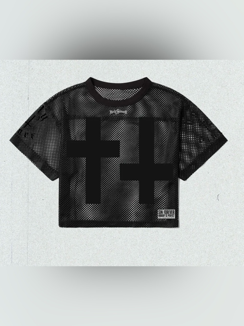 Black Mesh Short Sleeve Tee with Cross Graphics